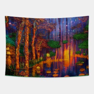 Magic Lantern Lighting Lake Water Pond Reflection Watercolor Tapestry