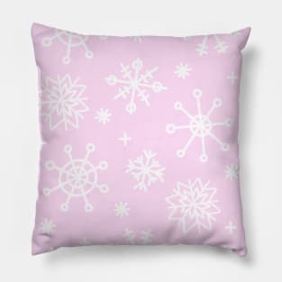 White Doodle Snowflakes Pattern on a Light Pink Background, made by EndlessEmporium Pillow