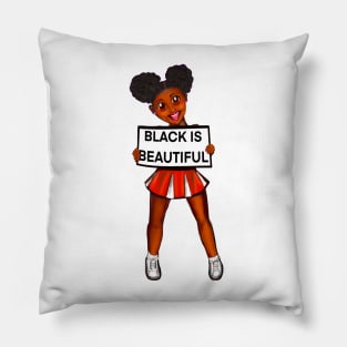 Black is beautiful black girl cheerleader with Afro hair in puffs, dimples, brown eyes and dark brown skin side profile. Hair love ! Pillow