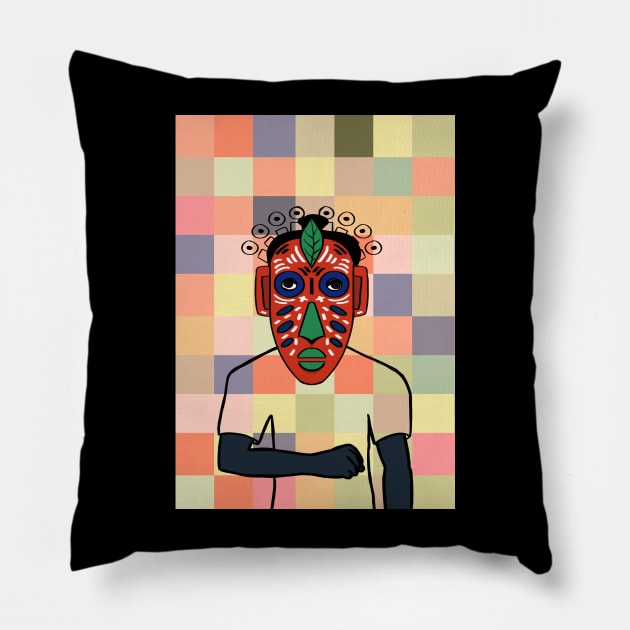 South Korea - Dark Male Character with African Mask and Pixel Background Pillow by Hashed Art