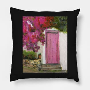 Meditteranean House with Pink Flowers Pillow