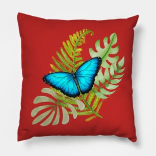 Blue Butterfly on Tropical Leaves Pillow