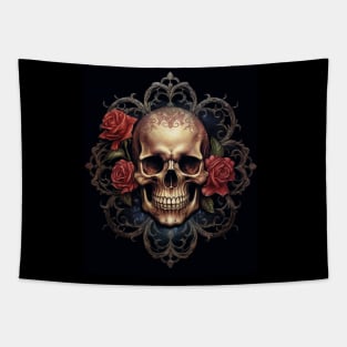 Eternal Beauty: Skull and Rose Illustration in Rococo Realms Tapestry