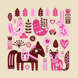 Raspberry And Cream Scandinavian Folk Art Forest Friends T-Shirt