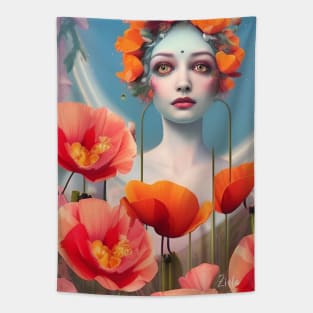 Dreamy design of a pop surrealism painting of girl with poppy flowers Tapestry