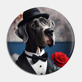 Great dane dog in formal tuxedo with hat and candlelight Pin