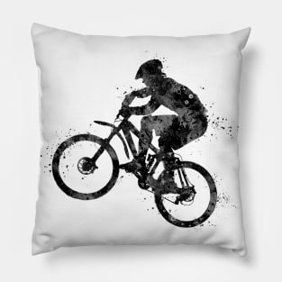 Boy Mountain Bike Cycling Black and White Silhouette Pillow