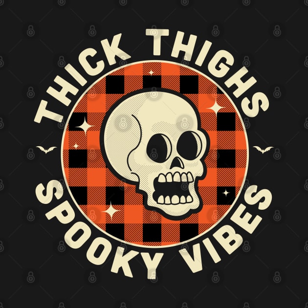 Thick Thighs Spooky Vibes Funny Halloween Skull Orange Plaid by OrangeMonkeyArt