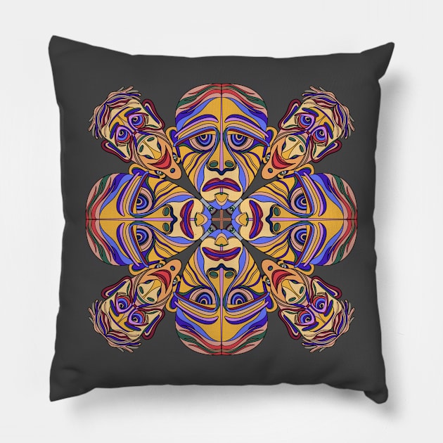 Happy and sad face mandala type design in yellows and blues Pillow by DaveDanchuk