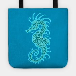 Intricate Teal Blue Tribal Seahorse Design Tote