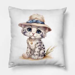 Snow Leopard in Straw Hat Pillow