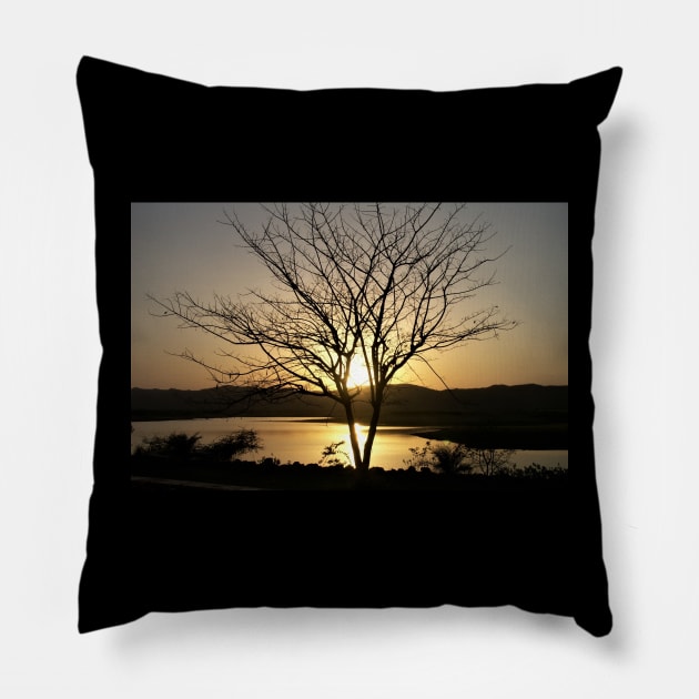 Yellow Sunset with Large Tree & Mountains Pillow by econaki