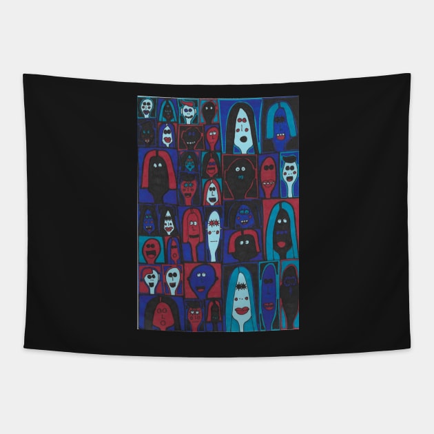 36 Faces in Blue and Red Tapestry by JaySnellingArt