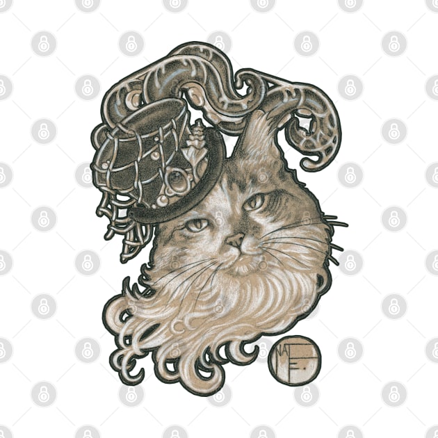 Kitty In A Tentacle Top Hat - Black Outlined Version by Nat Ewert Art