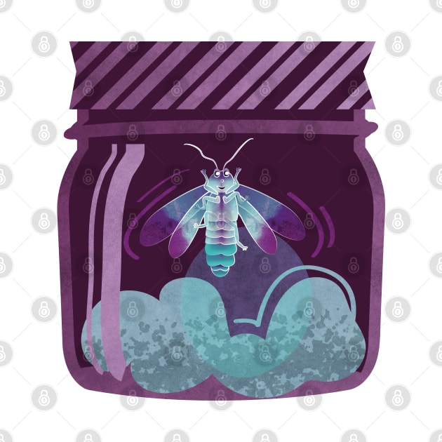 Glowing in the moss // spot illustration // purple background jar with lightning firefly bug quirky whimsical and bioluminescence lampyridae beetle by SelmaCardoso