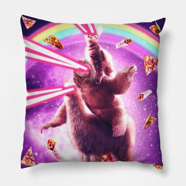 Laser Eyes Space Cat Riding Sloth, Llama - Rainbow Pillow by Random Galaxy