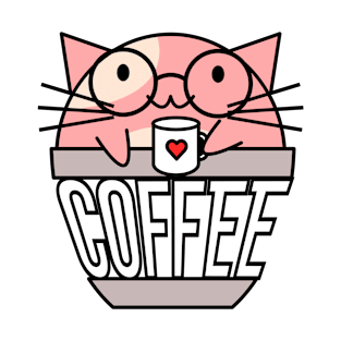 Cat in coffee cup with warped text holding coffee cup with heart wearing glasses pink T-Shirt