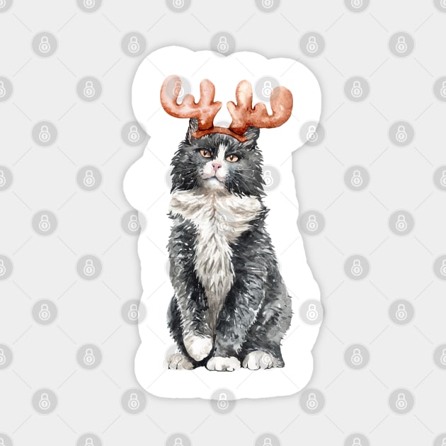 Funny Watercolor Black & White Cat with Moose Horns Magnet by labatchino