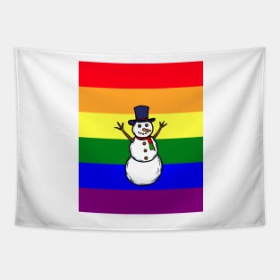 A hand drawn of a gay snowman on rainbow pride flag background, Tapestry