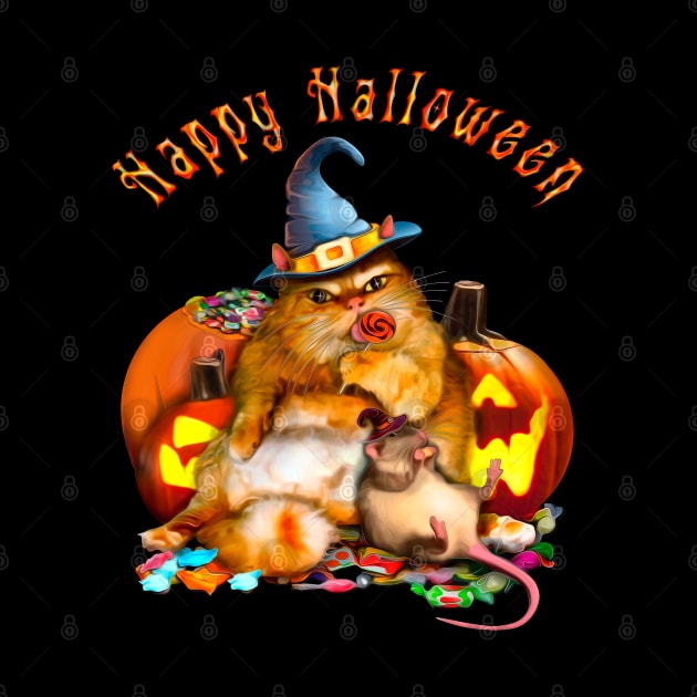 Happy Halloween Cat and Rat are eating sweets among pumpkins by SafSafStore