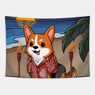 Tropical Corgi on Beach Tapestry