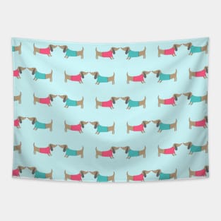 Cute dog lovers in blue background Tapestry