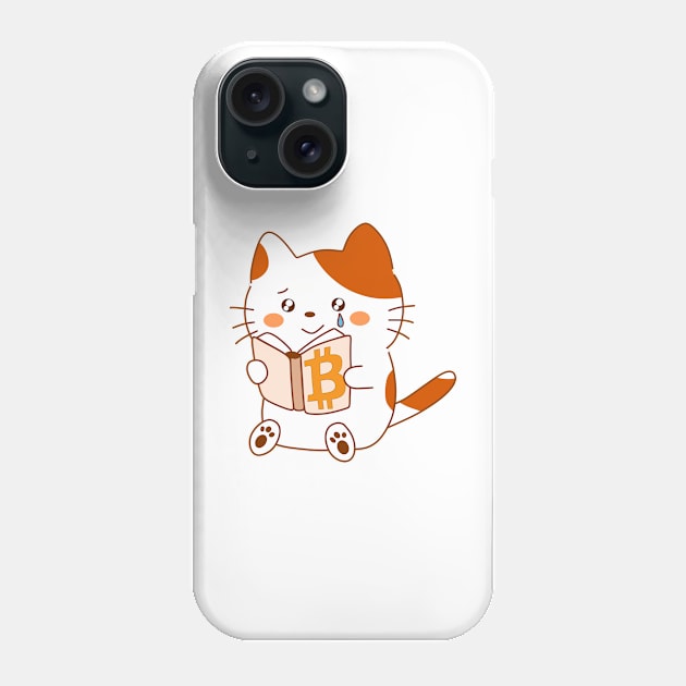 Cute kawaii cat discovers the beauty of Bitcoin, reading a book with a tear of joy Phone Case by Babush-kat