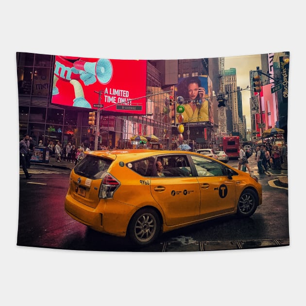 The Yellow Cab in Times Square, Manhattan, NYC Tapestry by eleonoraingrid