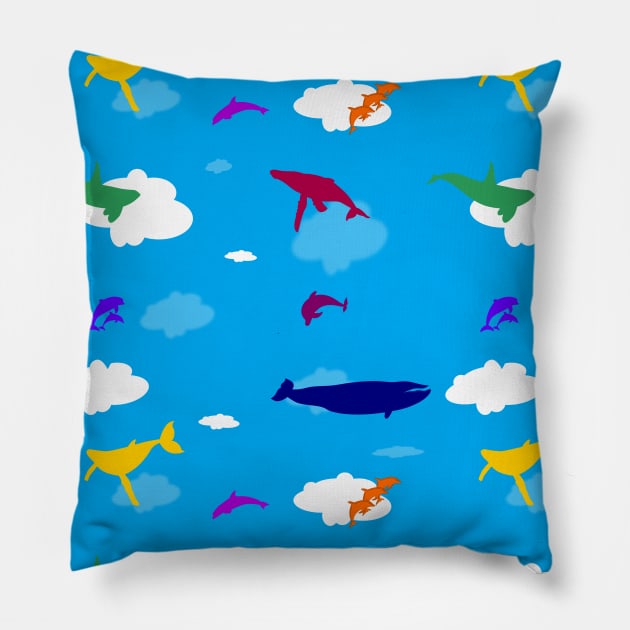 Whales and dolphins in the clouds Pillow by Slap Cat Designs