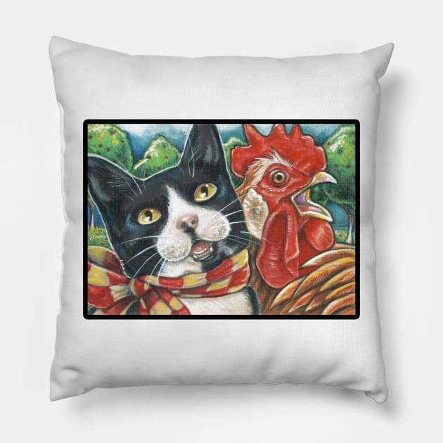 Cat and Chicken Song - Black Outlined Version Pillow by Nat Ewert Art