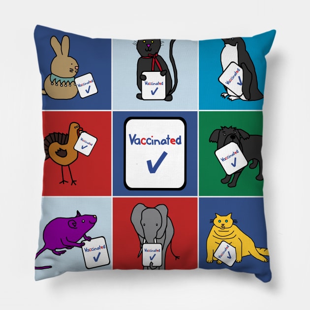 Cute Animals with Vaccinated Signs Pillow by ellenhenryart