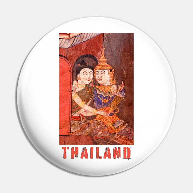 Antique Thai colorful temple mural of a young couple embracing in traditional period ceremonial clothing with the word Thailand featuring under the image. Pin by Earthworx