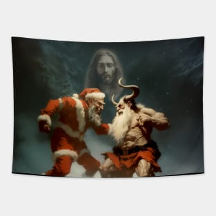 True Christmas: Jesus Christ Observes the Epic Battle Between Santa Claus and Krampus on a Dark Background Tapestry