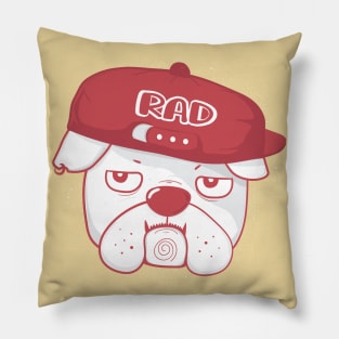 Grumpy face bulldog wears RAD baseball cap, cute doodle cartoon Pillow