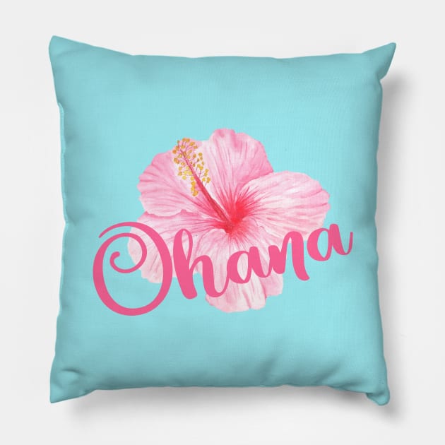 Ohana watercolor hibiscus Pillow by ApricotBlossomDesign