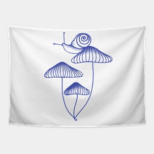 Blue Snail Sitting on Mushrooms Tapestry