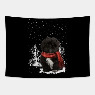 Christmas Black Shih Tzu With Scarf In Winter Forest Tapestry