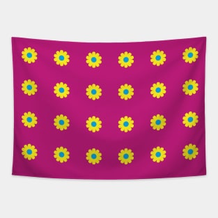 Yellow daisies with Vibrant Blue centres on a Cerise background Tapestry