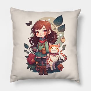 Cute Girl & Cat Kawaii Anime Floral Cat Lover Pillow