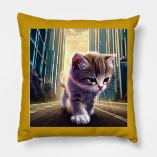 Pet Kitten is walking in a road under the skyscrapers urban environments Pillow