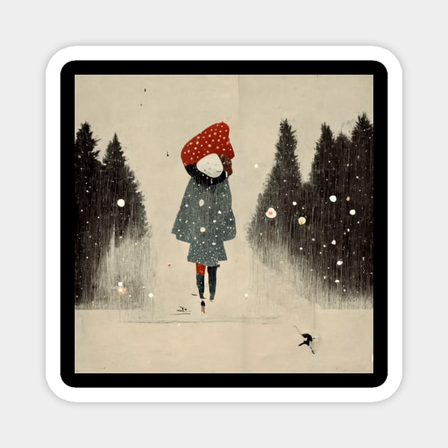 Image of girl in a big red toque walking in the snow as the flakes begin to fall. Magnet by Liana Campbell