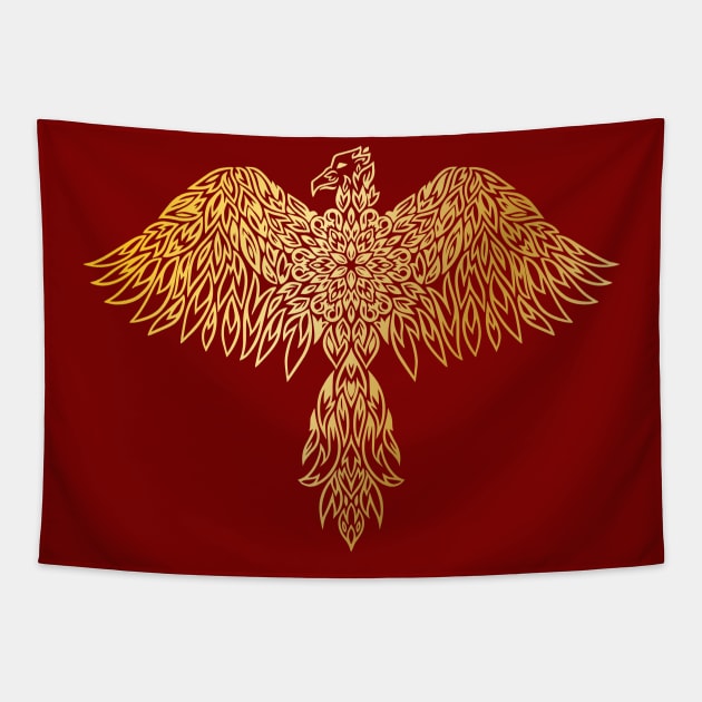 Golden Phoenix Mandala Tapestry by polliadesign