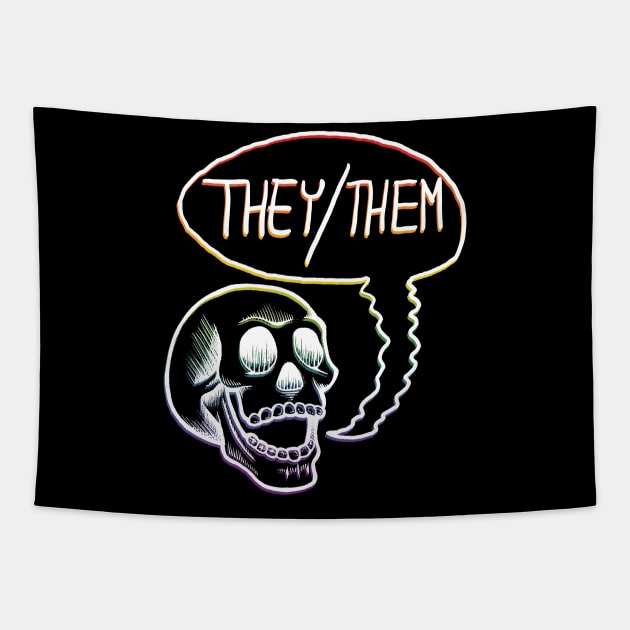 LGBTQIA+ Rainbow Pride Flag They Them Pronouns Skull Tapestry by FatCatSwagger