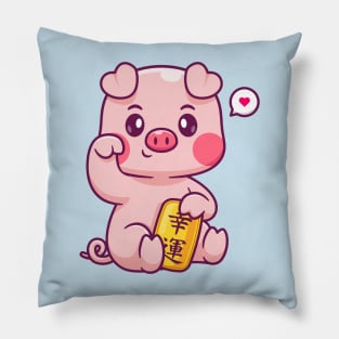 Cute Lucky Pig Holding Gold Coin Cartoon Pillow