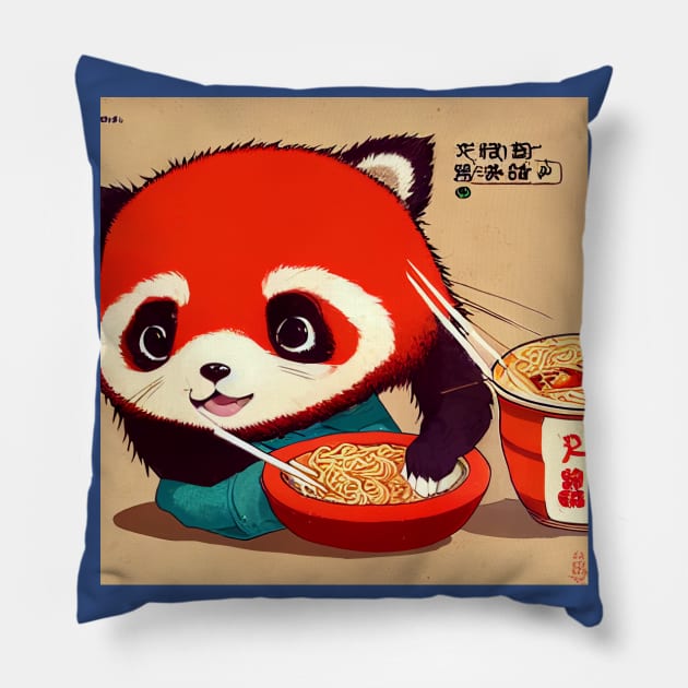 Kawaii Red Panda Eating Ramen Pillow by Grassroots Green