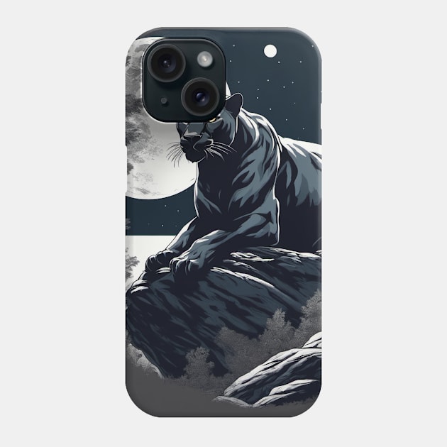 Black Panther Cat, Rock, Full Moon, Shadowy Phone Case by BirdsnStuff