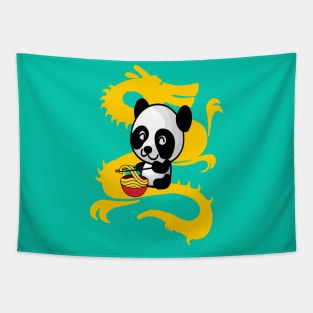 Panda Eating Noodles with a Chinese Dragon Background Tapestry