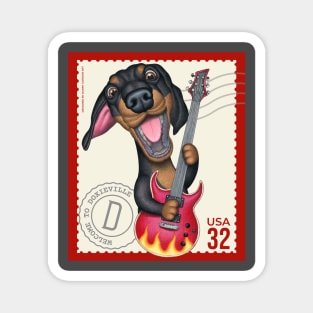 Cute Doxie playing guitar on vintage postage stamp Magnet