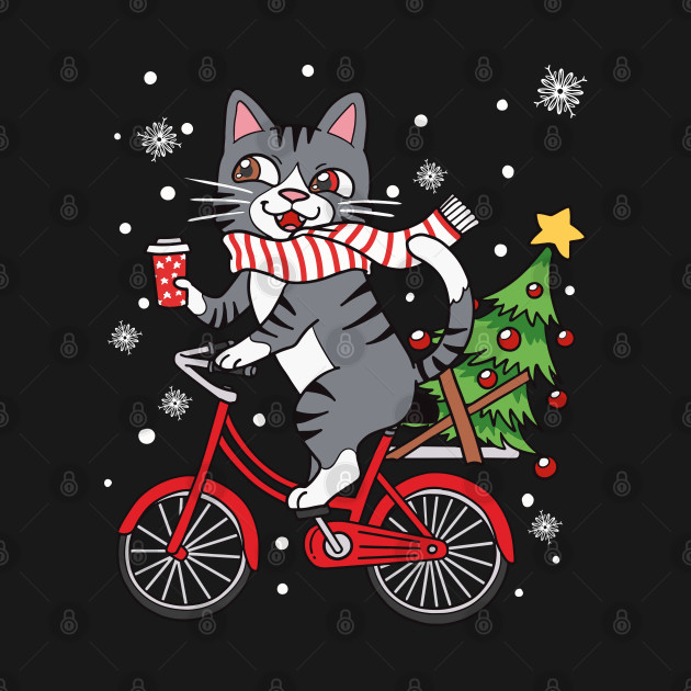 Disover Christmas Cute Cat with Coffee Christmas Tree Riding Bicycle - Christmas Cats - T-Shirt