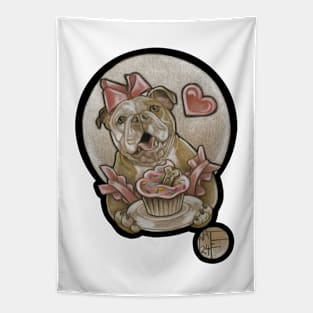 Bulldog Cutie & Cupcake - Black Outlined Version Tapestry